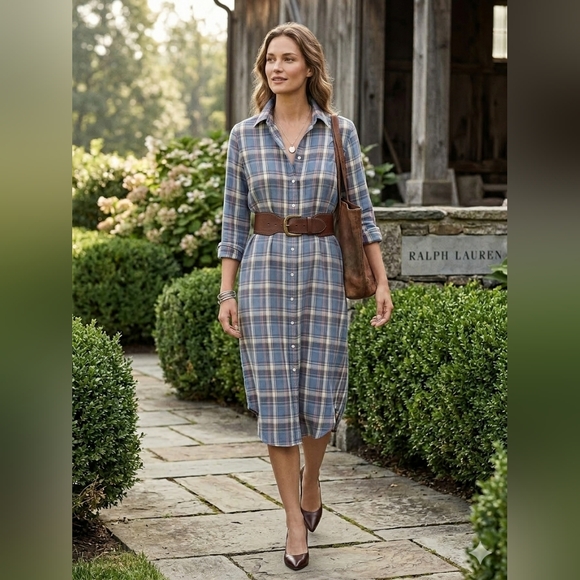 Polo by Ralph Lauren Blue and Cream Plaid Tie-Waist Midi Dress - Picture 4 of 7